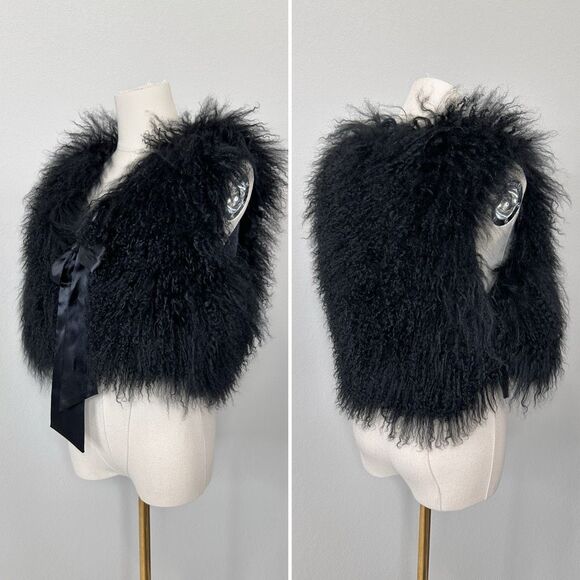 Chaarm NY Tibetan Mongolian Lamb Fur Vest Satin Ribbon XS/S Crop Boho Glam Rock - Picture 6 of 16